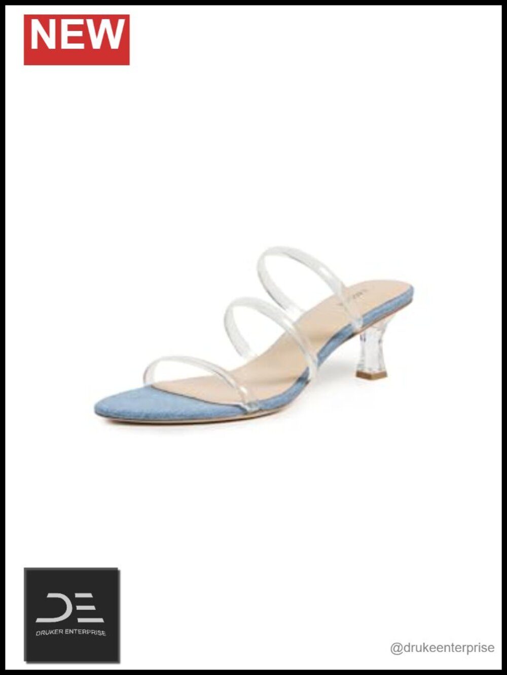 Kitten Heel Sandals with Leather Footbed and Denim Trim